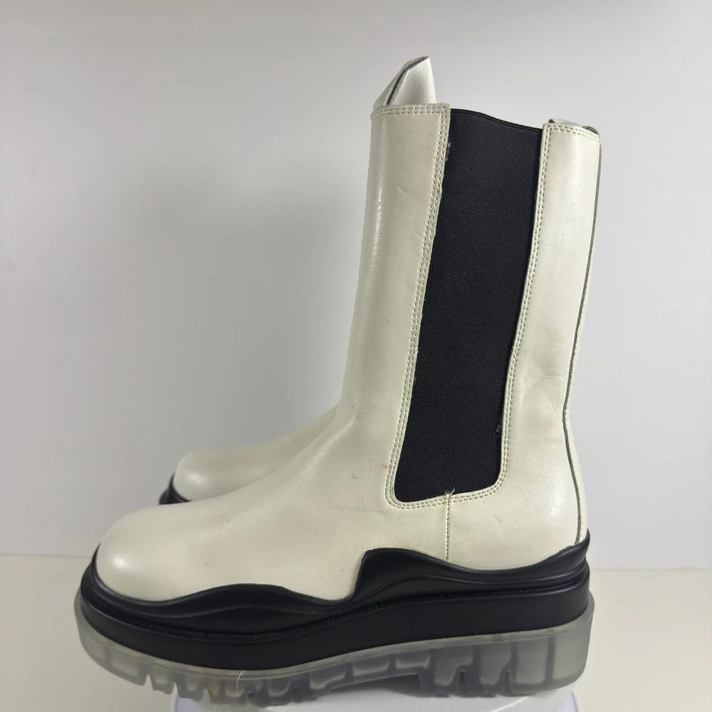 White Leather Platform Chelsea Boots Chunky Lug Sole Mid Calf Womens Size 7